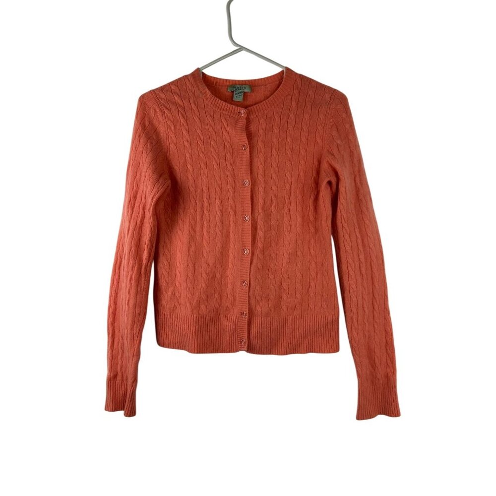 Geneva 100% Cashmere Girls Large Cable Knit Cardigan Sweater Button Up Coral